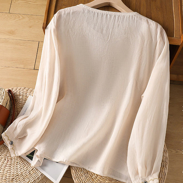 Jersey de lino y algodón con cuello redondo y bordado étnico de Buddha Stones - image 3