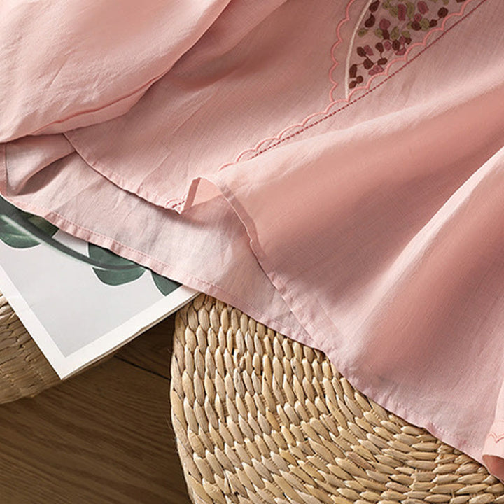 Jersey de lino y algodón con cuello redondo y bordado étnico de Buddha Stones - image 23