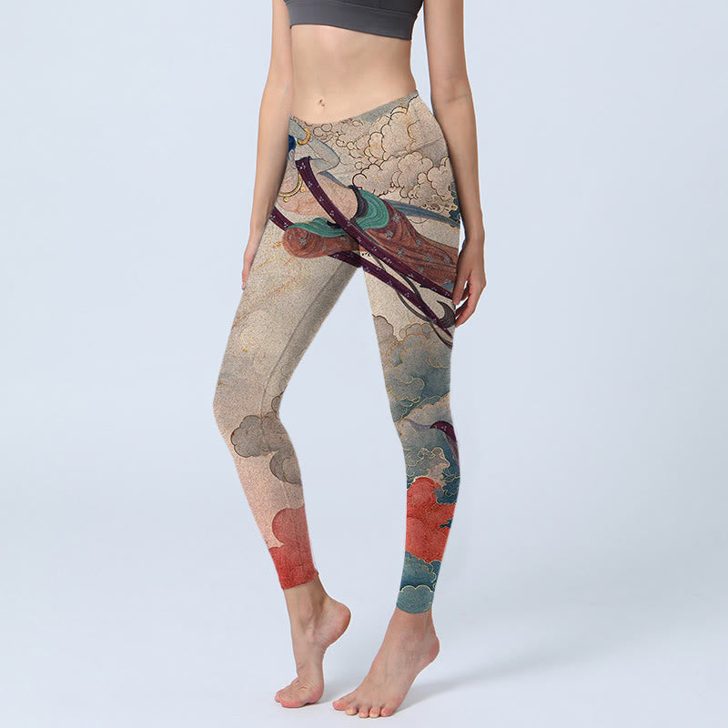 Leggings de fitness con estampado de nubes auspiciosas, apsaras voladoras y Buddha Stones para mujer - Broncearse - US18，UK/AU22，EU50 (4XL) - image 0