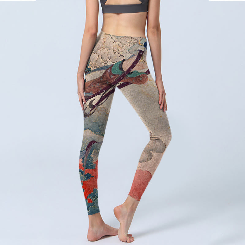 Leggings de fitness con estampado de nubes auspiciosas, apsaras voladoras y Buddha Stones para mujer - image 4