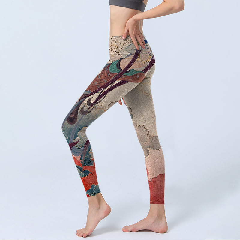 Leggings de fitness con estampado de nubes auspiciosas, apsaras voladoras y Buddha Stones para mujer - image 3