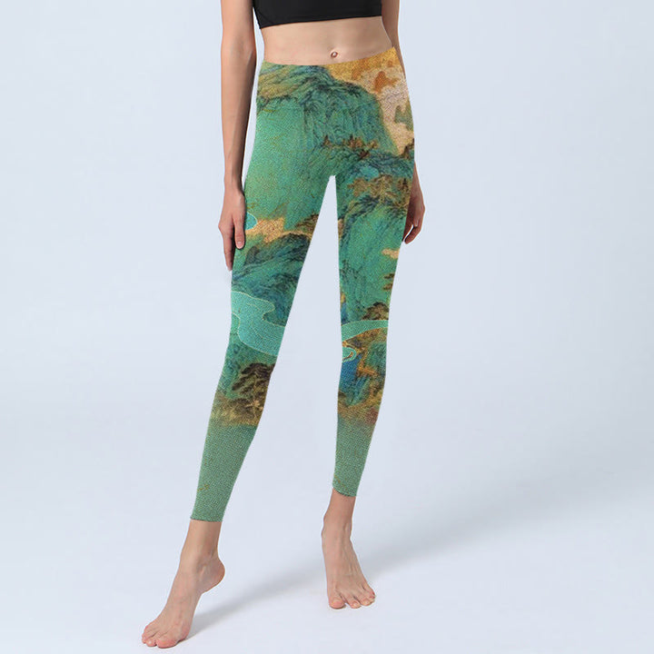 Leggings de fitness de tela de lycra con estampado de paisaje de montañas verdes y estilo chino con Buddha Stones para mujer - image 6