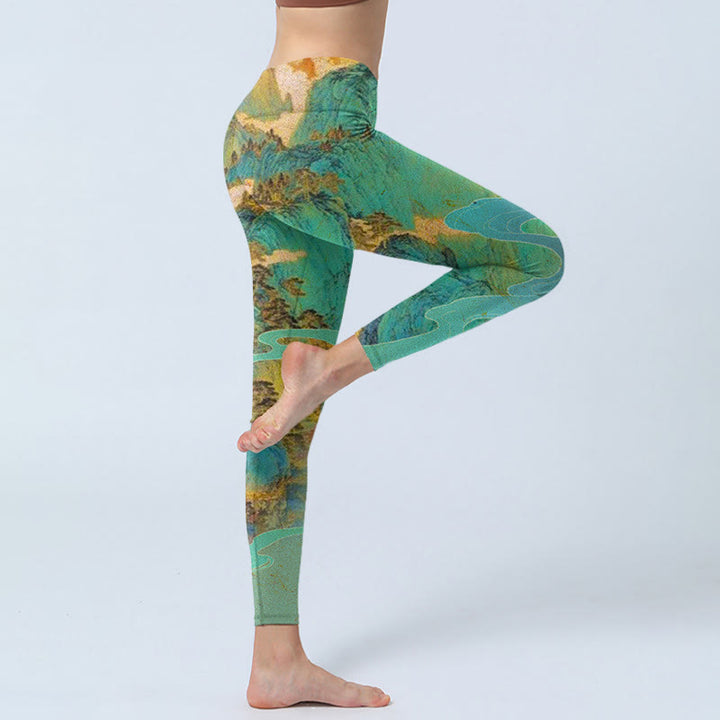 Leggings de fitness de tela de lycra con estampado de paisaje de montañas verdes y estilo chino con Buddha Stones para mujer - image 5