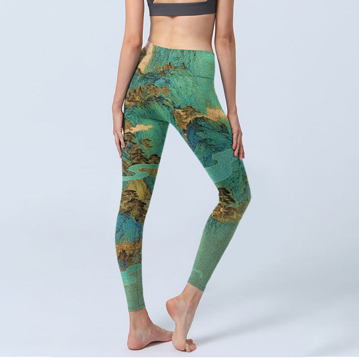 Leggings de fitness de tela de lycra con estampado de paisaje de montañas verdes y estilo chino con Buddha Stones para mujer - image 3