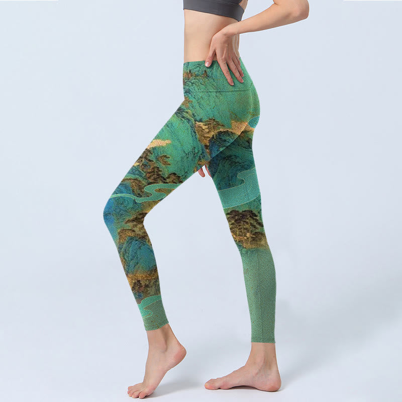 Leggings de fitness de tela de lycra con estampado de paisaje de montañas verdes y estilo chino con Buddha Stones para mujer - image 3
