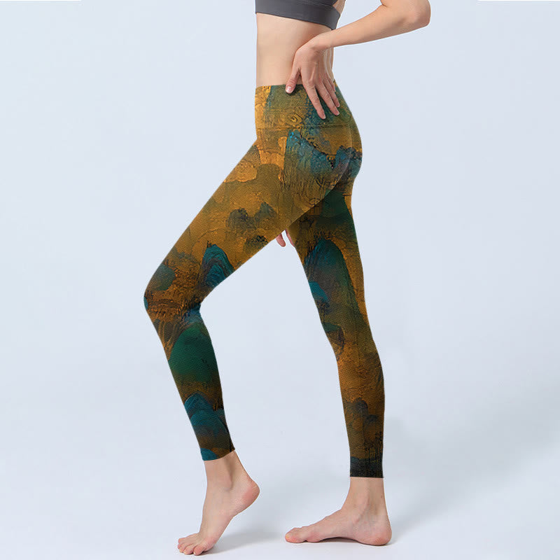Leggings de fitness con estampado de montaña en color dorado oscuro y Buddha Stones para mujer - image 3