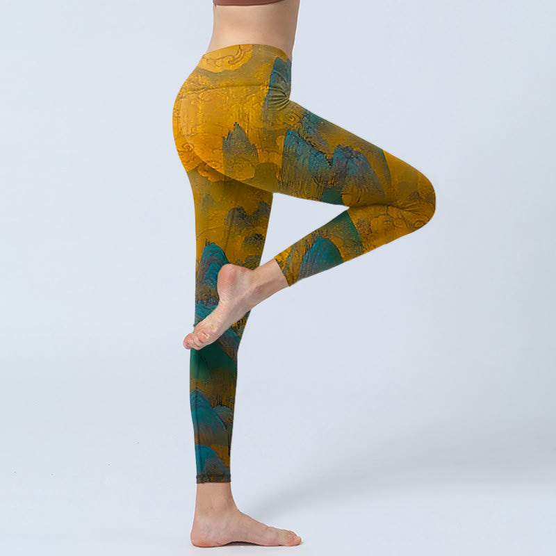 Leggings de fitness con estampado de montaña en color dorado oscuro y Buddha Stones para mujer - image 4