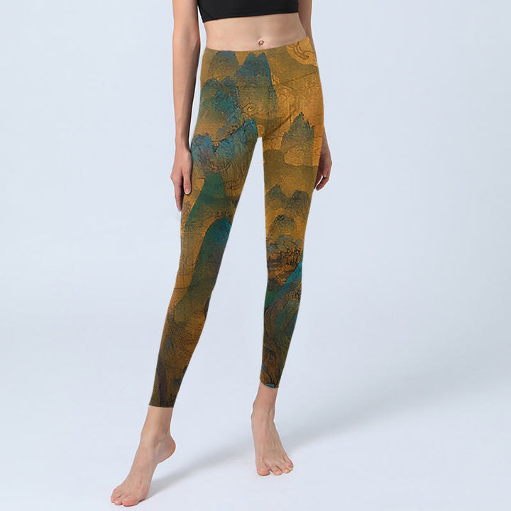 Leggings de fitness con estampado de montaña en color dorado oscuro y Buddha Stones para mujer - image 5