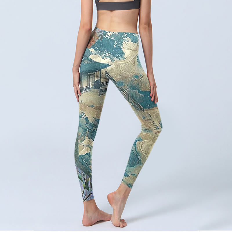 Pantalones de yoga para mujer con estampado de arquitectura china y Buddha Stones en color verde mar oscuro - image 4