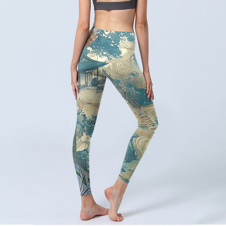 Pantalones de yoga para mujer con estampado de arquitectura china y Buddha Stones en color verde mar oscuro - image 4