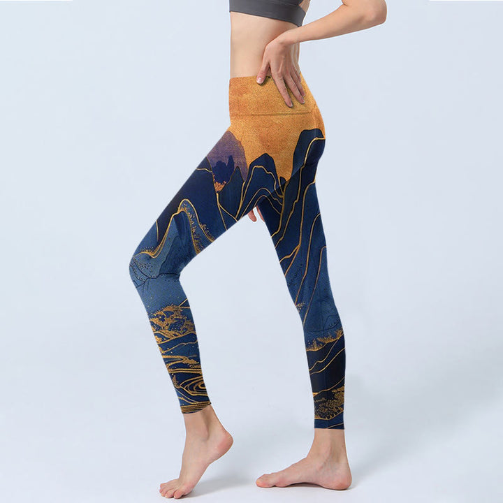 Leggings de fitness con estampado de puesta de sol en la montaña en azul oscuro y Buddha Stones para mujer - image 3