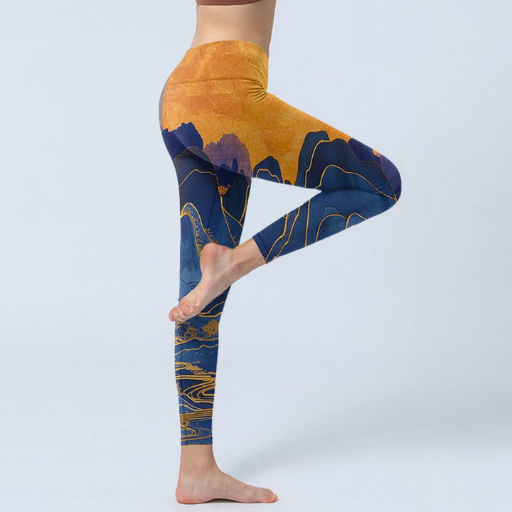 Leggings de fitness con estampado de puesta de sol en la montaña en azul oscuro y Buddha Stones para mujer - image 4