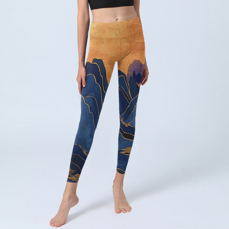 Leggings de fitness con estampado de puesta de sol en la montaña en azul oscuro y Buddha Stones para mujer - image 6
