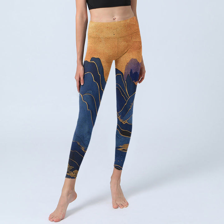 Leggings de fitness con estampado de puesta de sol en la montaña en azul oscuro y Buddha Stones para mujer - image 6