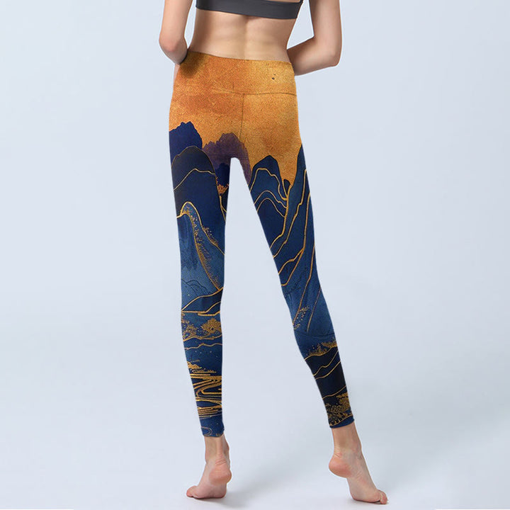 Leggings de fitness con estampado de puesta de sol en la montaña en azul oscuro y Buddha Stones para mujer - image 7