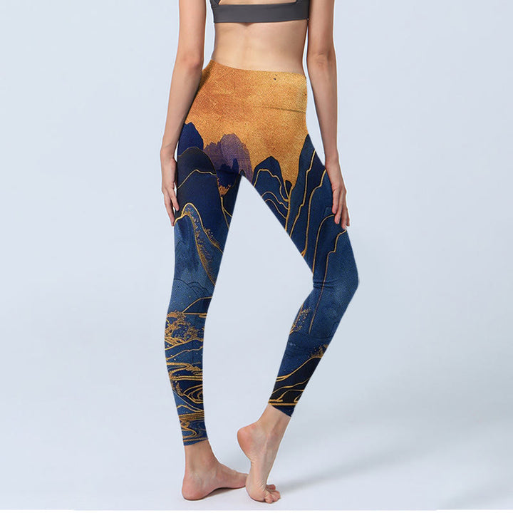 Leggings de fitness con estampado de puesta de sol en la montaña en azul oscuro y Buddha Stones para mujer - image 4