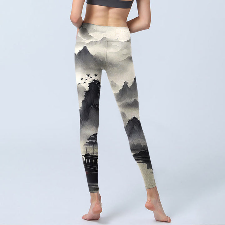 Leggings de fitness para mujer con estampado de pintura de paisaje con salpicaduras de tinta y Buddha Stones - image 8