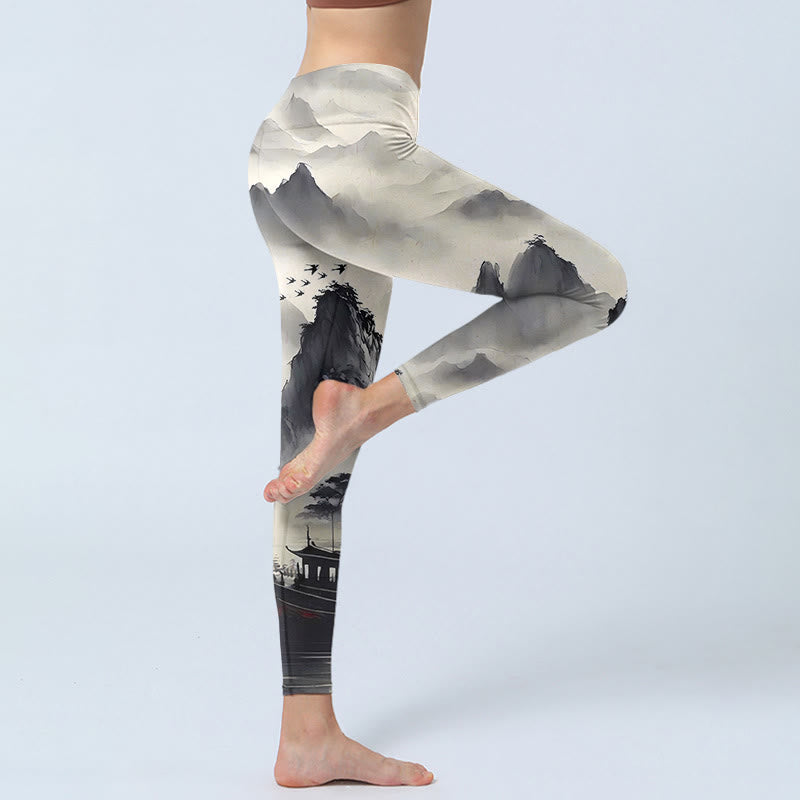 Leggings de fitness para mujer con estampado de pintura de paisaje con salpicaduras de tinta y Buddha Stones - image 5