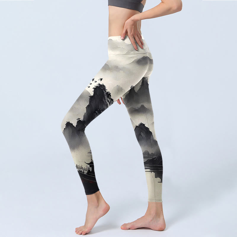Leggings de fitness para mujer con estampado de pintura de paisaje con salpicaduras de tinta y Buddha Stones - image 3