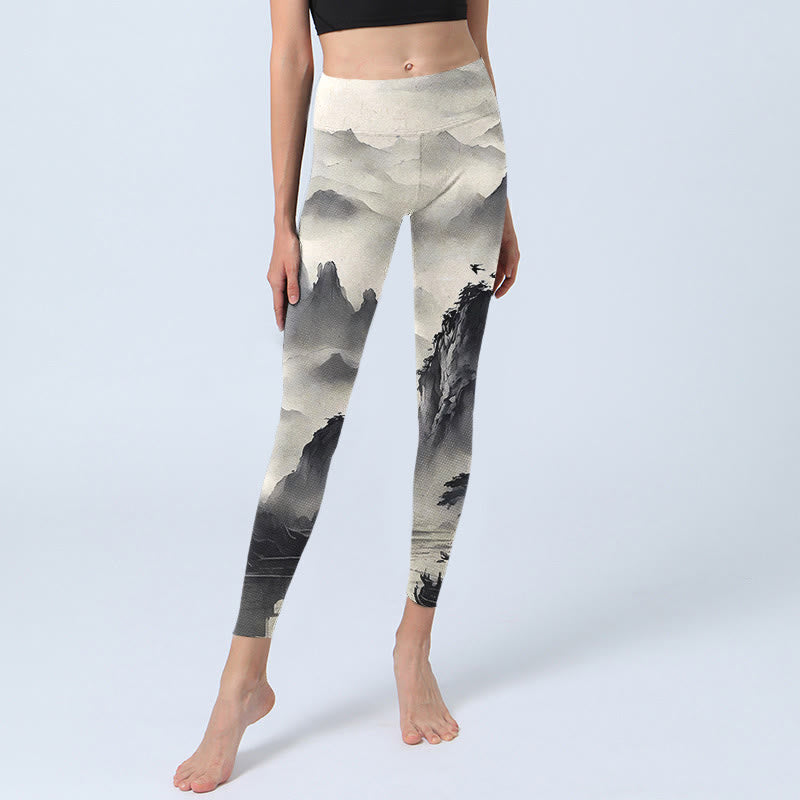Leggings de fitness para mujer con estampado de pintura de paisaje con salpicaduras de tinta y Buddha Stones - image 6