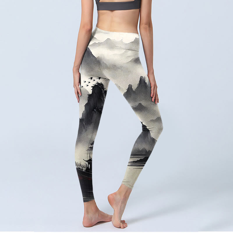 Leggings de fitness para mujer con estampado de pintura de paisaje con salpicaduras de tinta y Buddha Stones - image 4