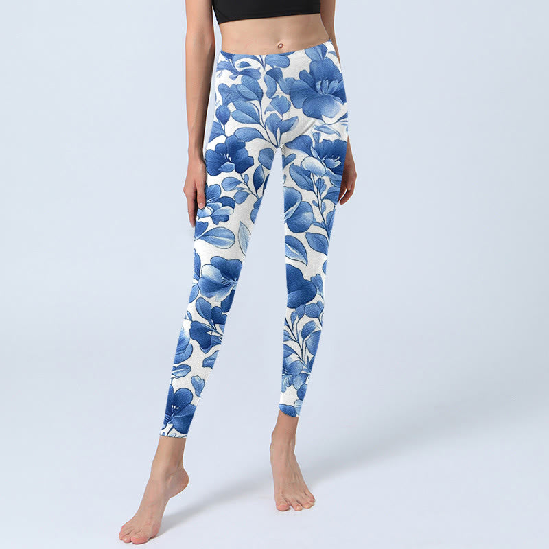 Leggings de fitness con estampado de flores azules y Buddha Stones para mujer - image 6