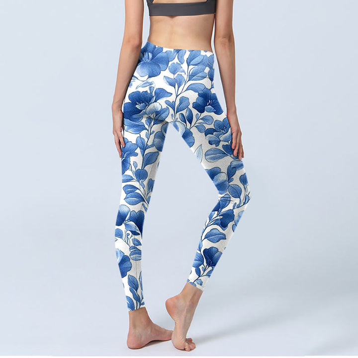 Leggings de fitness con estampado de flores azules y Buddha Stones para mujer - image 5