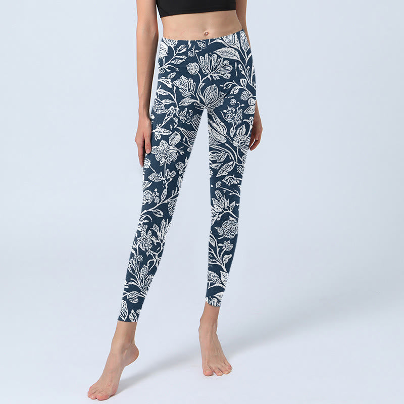Leggings de fitness con estampado de flores en azul oscuro y Buddha Stones para mujer - image 5