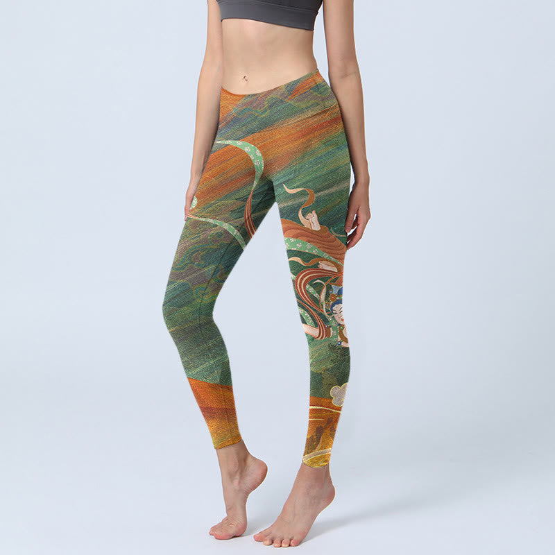 Pantalones de yoga para mujer con estampado de apsaras voladoras de Dunhuang y Buddha Stones - Verde oliva - US18，UK/AU22，EU50 (4XL) - image 1