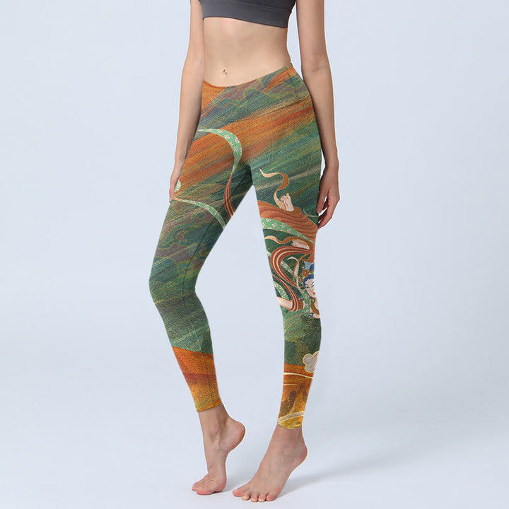 Pantalones de yoga para mujer con estampado de apsaras voladoras de Dunhuang y Buddha Stones - Verde oliva - US18，UK/AU22，EU50 (4XL) - image 1