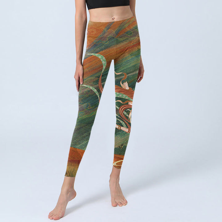 Pantalones de yoga para mujer con estampado de apsaras voladoras de Dunhuang y Buddha Stones - image 6