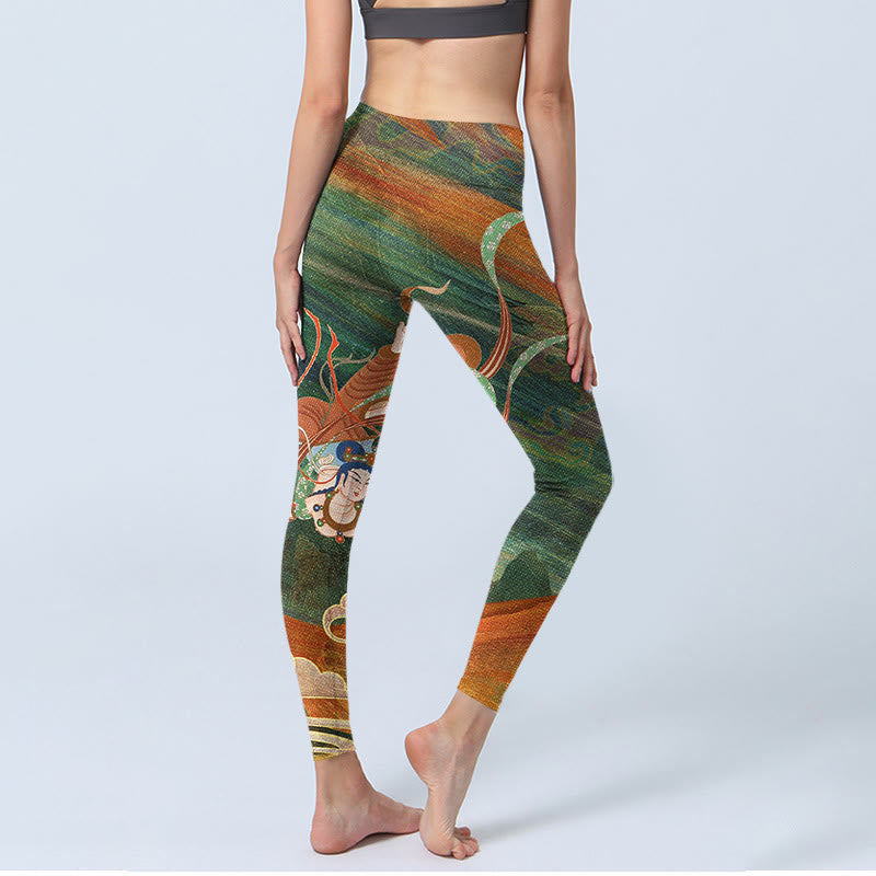 Pantalones de yoga para mujer con estampado de apsaras voladoras de Dunhuang y Buddha Stones - image 5