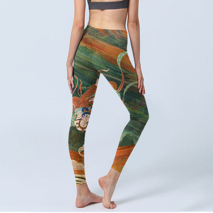 Pantalones de yoga para mujer con estampado de apsaras voladoras de Dunhuang y Buddha Stones - image 5