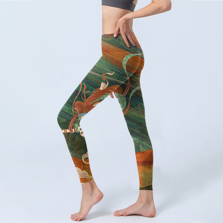 Pantalones de yoga para mujer con estampado de apsaras voladoras de Dunhuang y Buddha Stones - image 4
