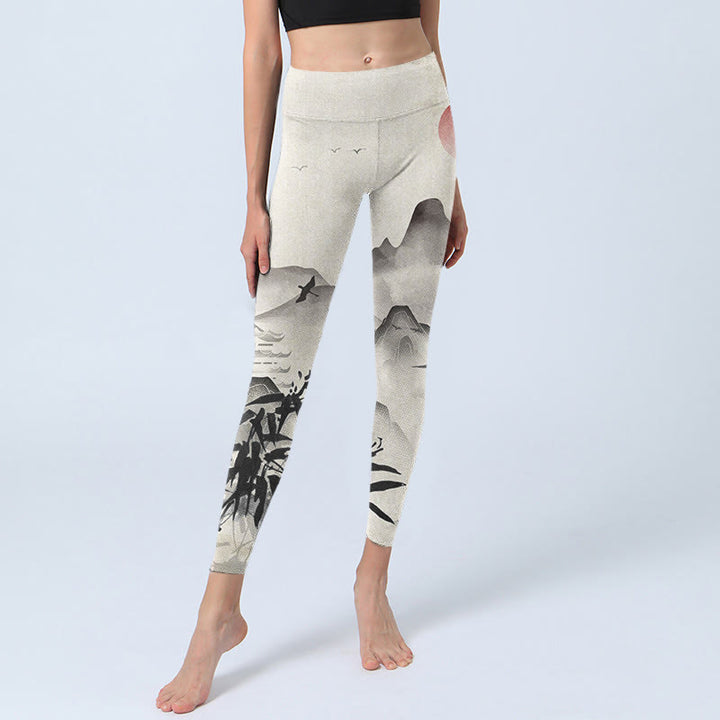 Leggings de yoga para mujer con estampado de montañas de bambú y tinta de Buddha Stones - image 6
