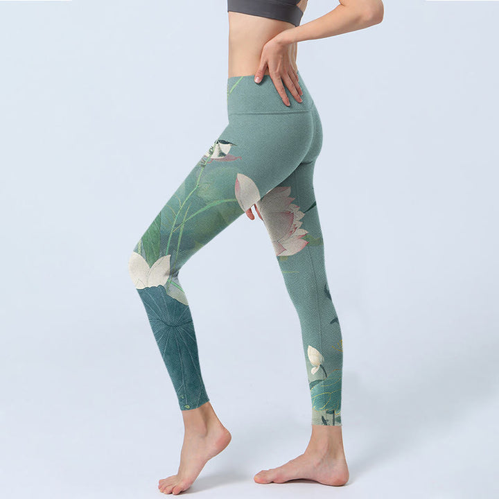 Leggings de yoga para mujer con estampado de pájaros, hojas de loto y piedras de Buddha Stones - image 2