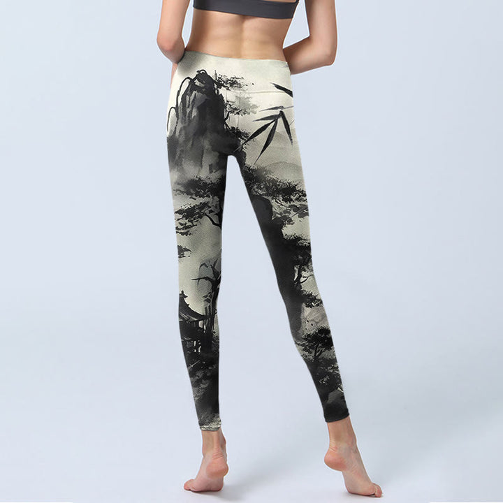 Leggings de yoga para mujer con estampado de montañas de pino, bambú y tinta de Buddha Stones - image 7