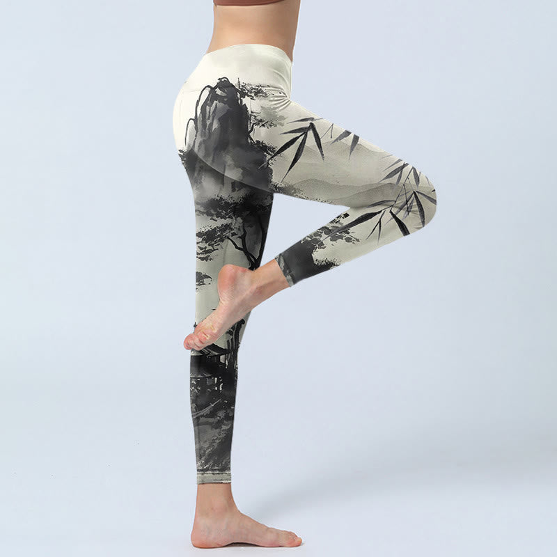 Leggings de yoga para mujer con estampado de montañas de pino, bambú y tinta de Buddha Stones - image 3