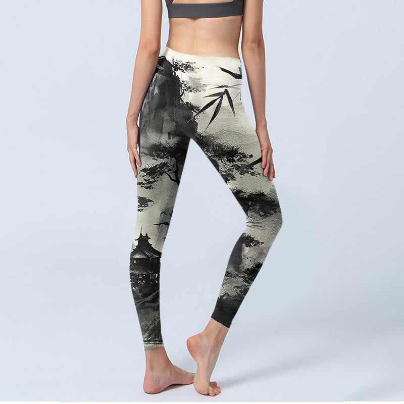 Leggings de yoga para mujer con estampado de montañas de pino, bambú y tinta de Buddha Stones - image 5