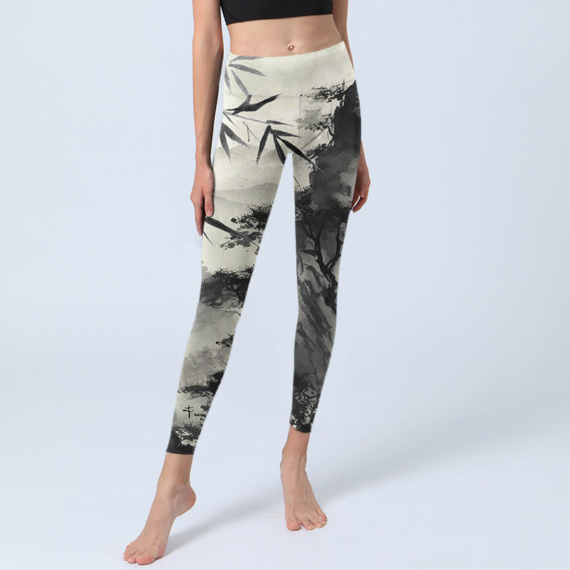 Leggings de yoga para mujer con estampado de montañas de pino, bambú y tinta de Buddha Stones - image 5