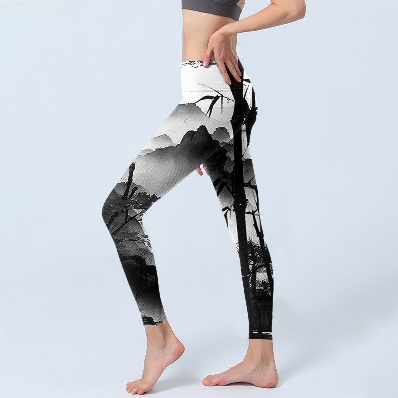 Leggings de yoga para mujer con estampado de paisaje de montaña, pino y bambú, con pintura en tinta y Buddha Stones - image 3