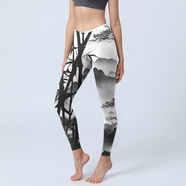 Leggings de yoga para mujer con estampado de paisaje de montaña, pino y bambú, con pintura en tinta y Buddha Stones - Gris oscuro - US18，UK/AU22，EU50 (4XL) - image 0