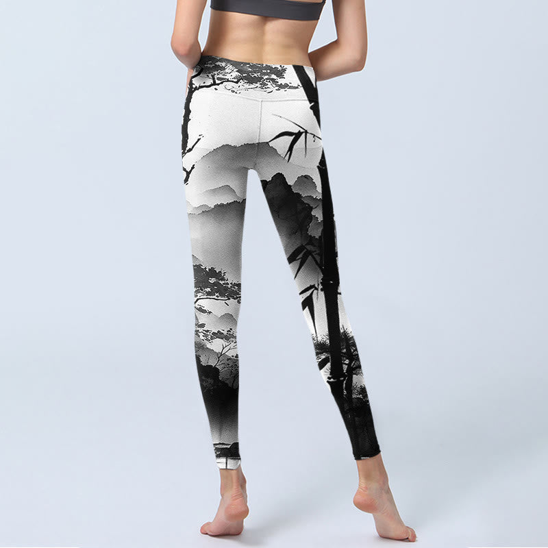 Leggings de yoga para mujer con estampado de paisaje de montaña, pino y bambú, con pintura en tinta y Buddha Stones - image 7