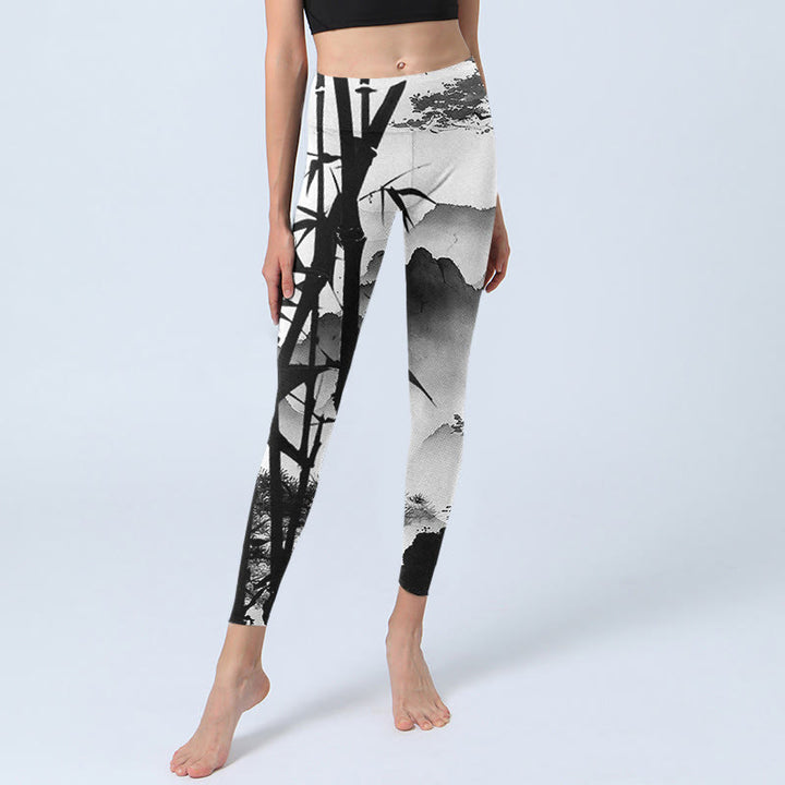 Leggings de yoga para mujer con estampado de paisaje de montaña, pino y bambú, con pintura en tinta y Buddha Stones - image 6