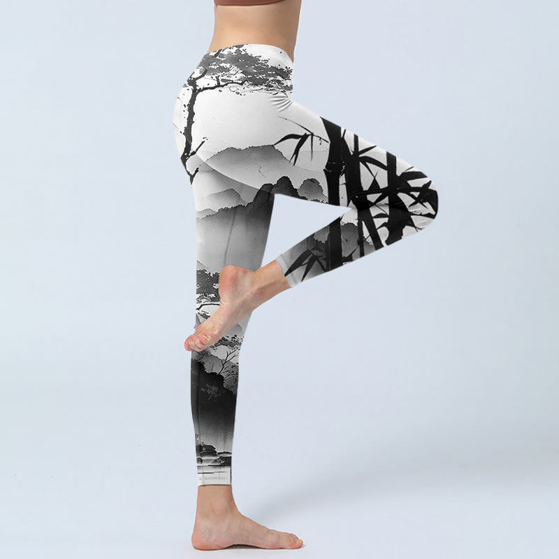 Leggings de yoga para mujer con estampado de paisaje de montaña, pino y bambú, con pintura en tinta y Buddha Stones - image 3