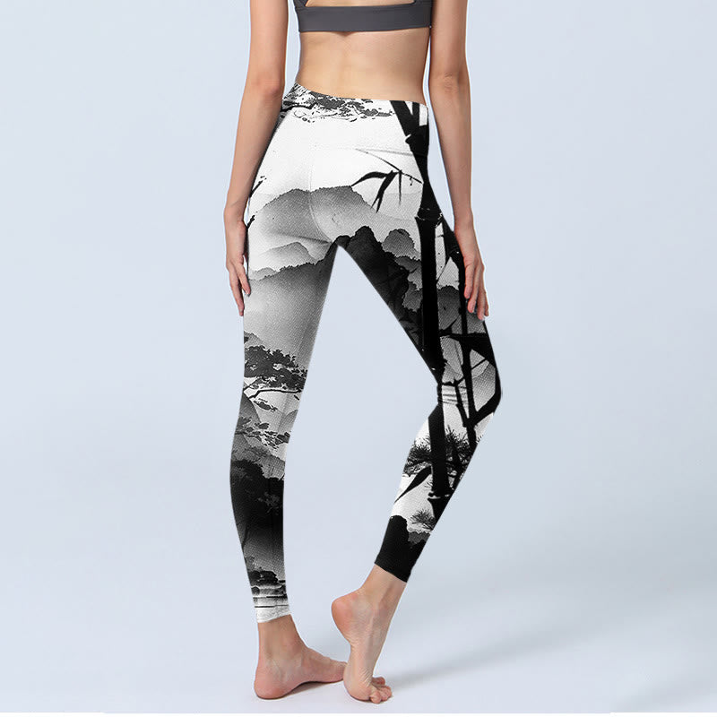 Leggings de yoga para mujer con estampado de paisaje de montaña, pino y bambú, con pintura en tinta y Buddha Stones - image 4