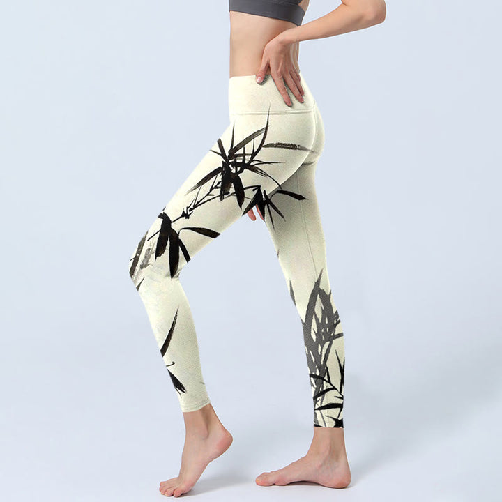 Leggings deportivos con estampado de hojas de bambú y pintura en tinta con Buddha Stones para mujer - image 4