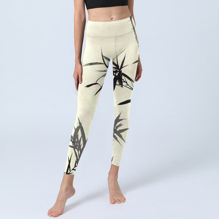 Leggings deportivos con estampado de hojas de bambú y pintura en tinta con Buddha Stones para mujer - image 6