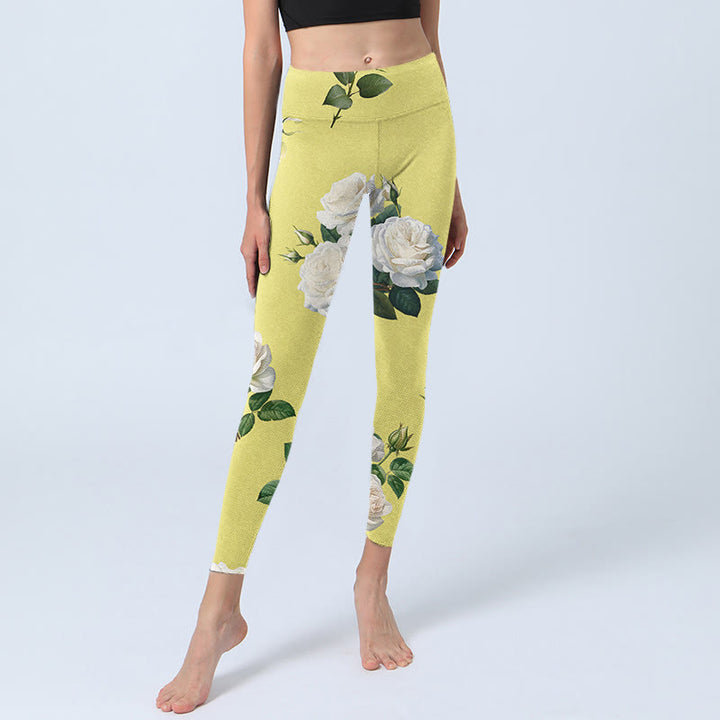 Leggings deportivos con estampado de rosas blancas y amarillas y Buddha Stones para mujer - image 6