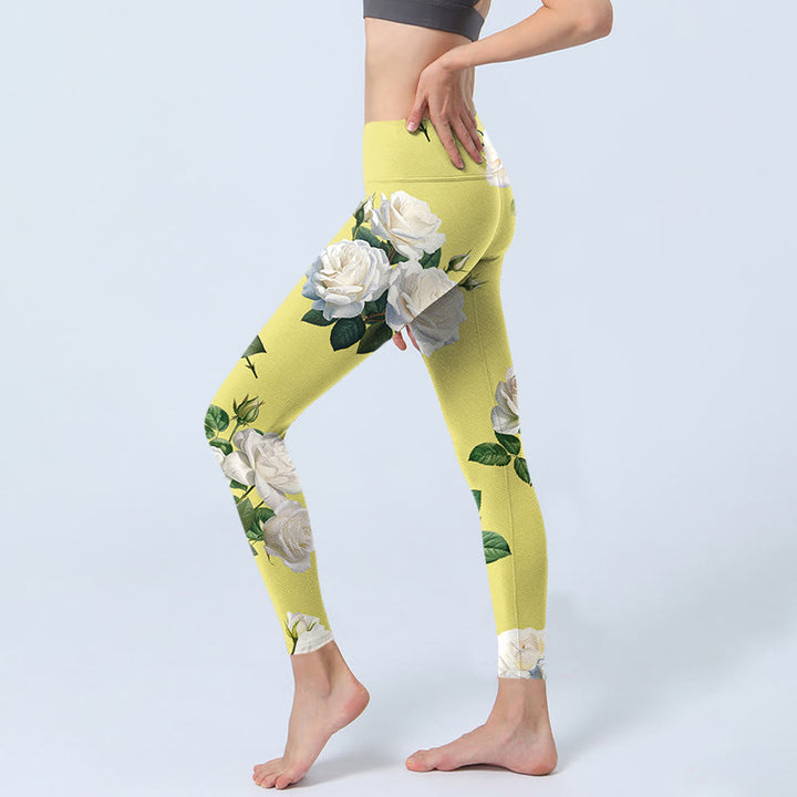 Leggings deportivos con estampado de rosas blancas y amarillas y Buddha Stones para mujer - image 2